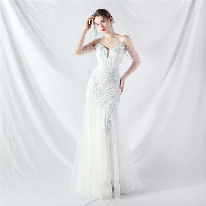 Layered Beads Spliced ​​Mesh High-End Evening Dress view 14