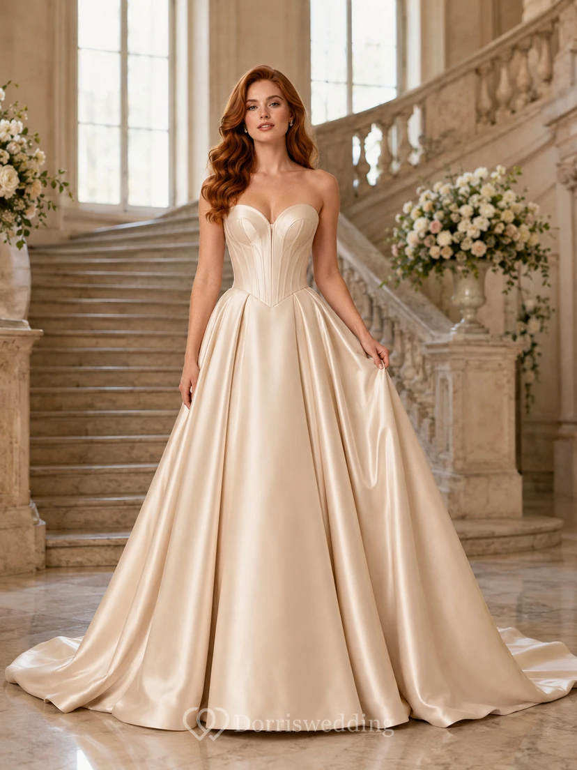 Vestido de novia minimalista de satén, estilo princesa, sin tirantes, escote corazón, cola de corte.