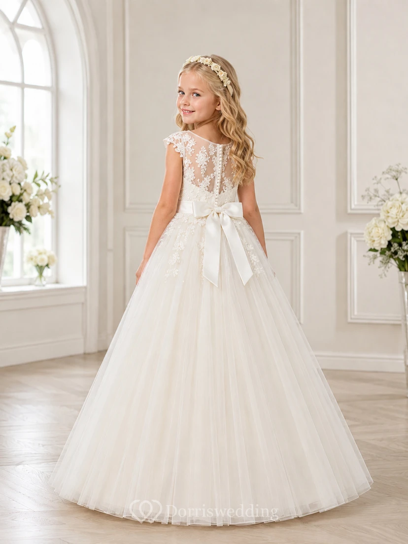 Floral Lace Cap Sleeve Tulle Ball Gown Floor-Length Bow Wedding Flower Girl Dress view 2