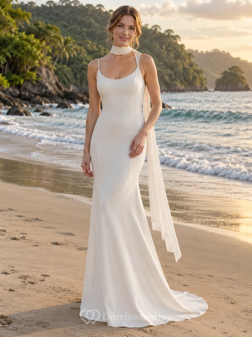 Simple Mermaid Scoop Neck Crepe Wedding Dress with Thin Straps and Long Scarf