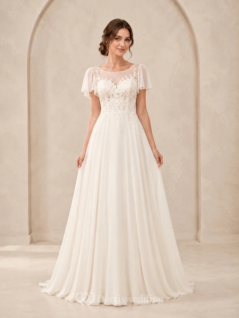 Modest Bateau Flutter Sleeve Lace Bodice A-Line Wedding Dress