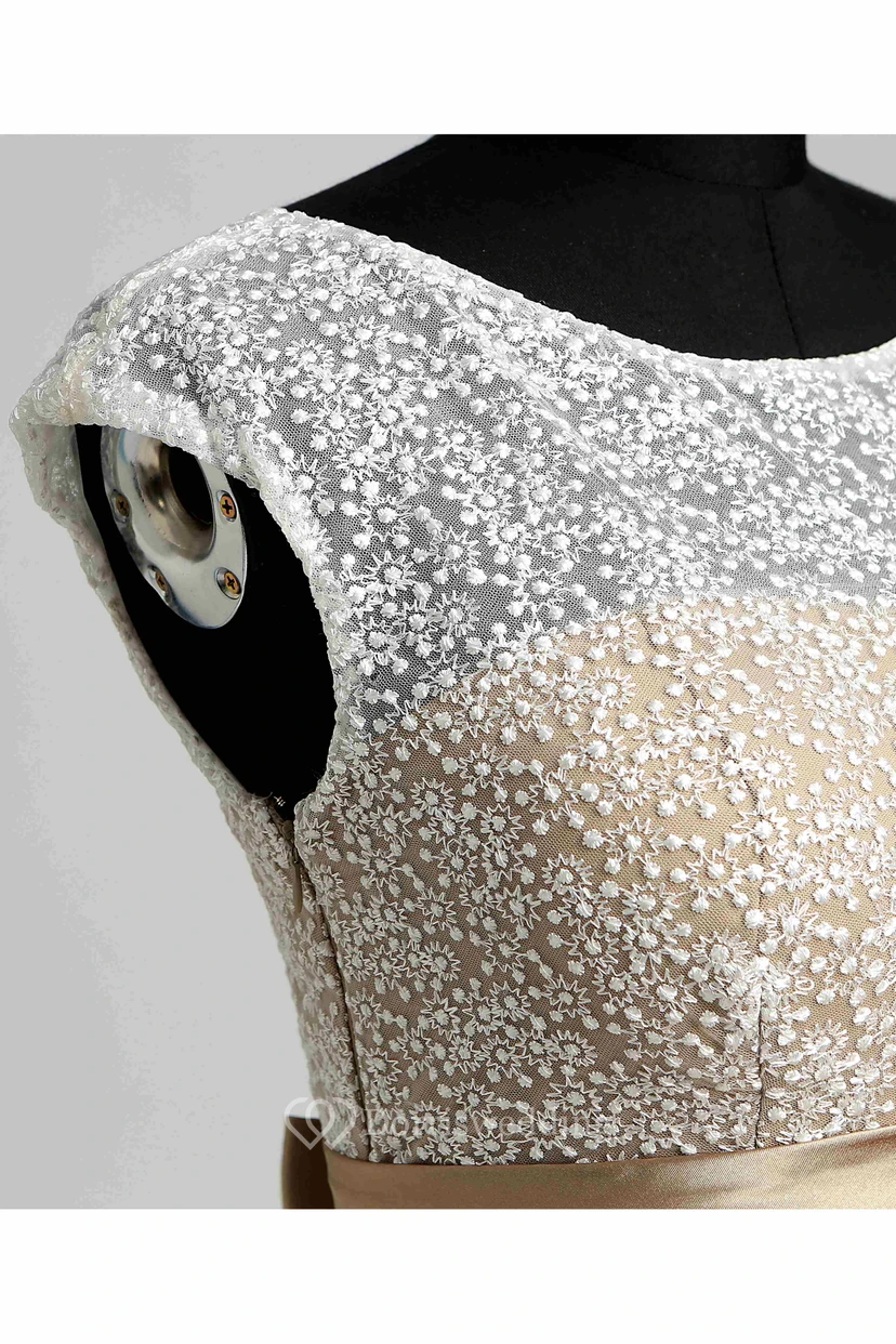 A-line Bateau Cap Short Sleeve Floor-length Jersey Lace Dress view 8