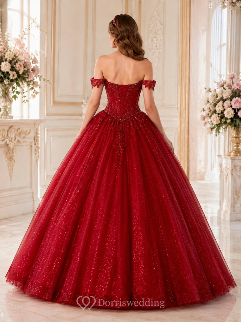 Red Lace Applique Off Shoulder Cap Sleeve Tulle Ball Gown Floor Length Quinceanera Dress view 2