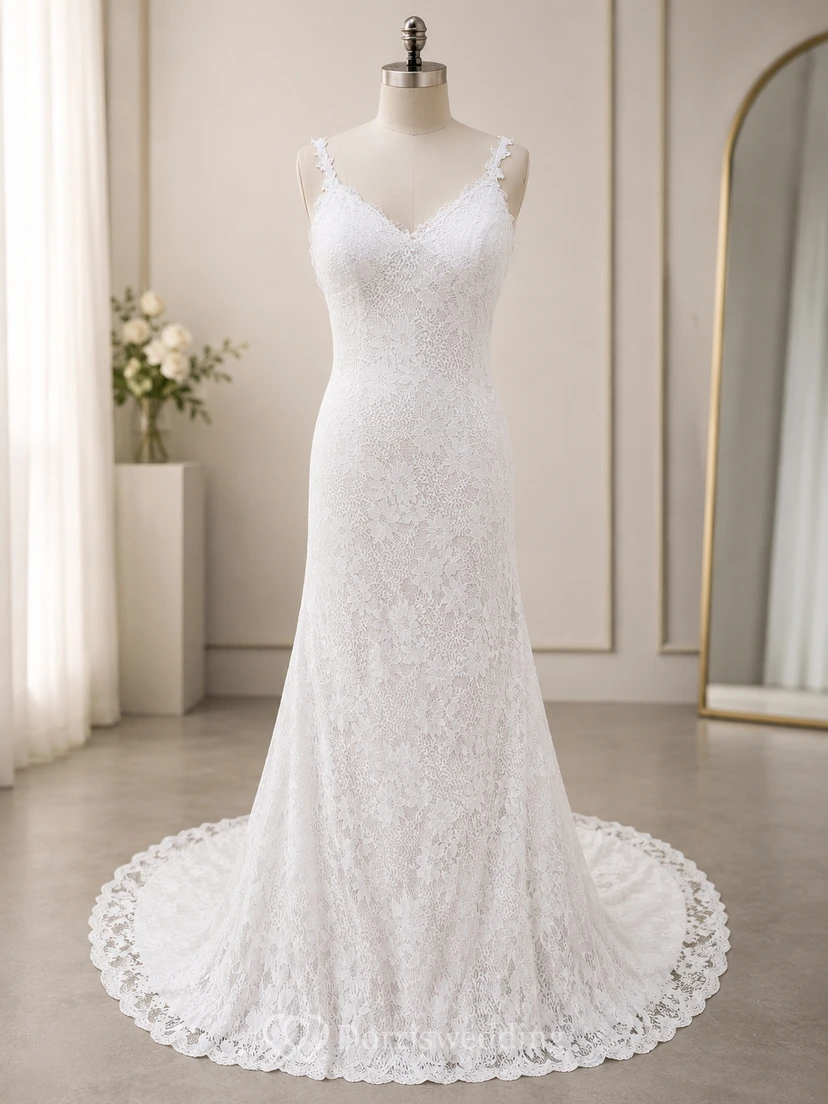 Robe de mariée sirène en dentelle, dos nu, bretelles spaghetti, style bohème chic, sexy, à bretelles spaghetti et ourlet asymétrique. view 7