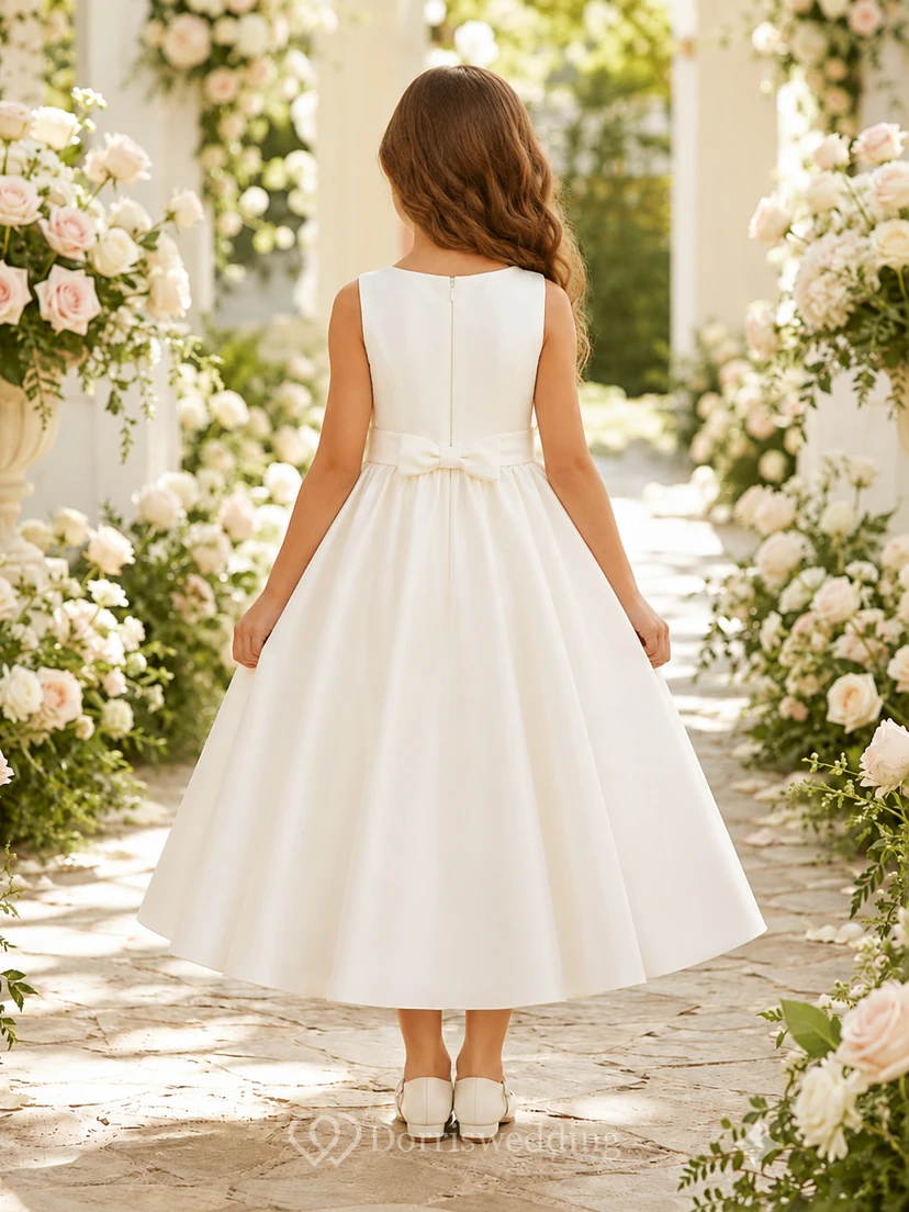 Classic Tulle with Bow A-Line Flower Girl Dress with Short Sleeves, Jewel Neck, Tea-Length Skirt and Bow Detail view 2