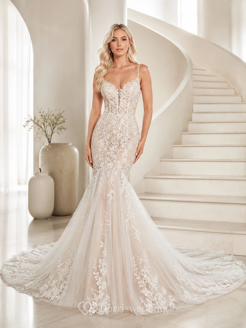 Robe de mariée sirène en dentelle florale sans manches à décolleté plongeant et traîne chapelle