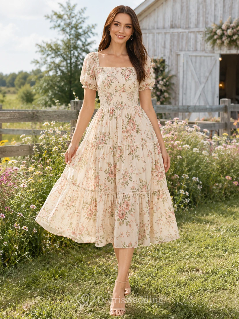 Western Champagne Floral Square Neck Organza A-Line Tea-Length Puff Sleeve Dress
