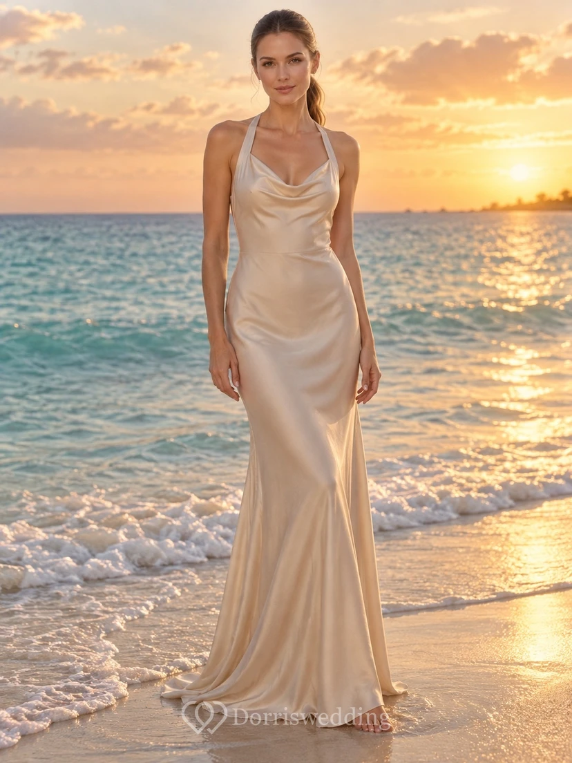 Champagnerfarbenes Brautkleid aus Satin mit Neckholder, Wasserfallausschnitt, glattem Oberteil und Etuirock