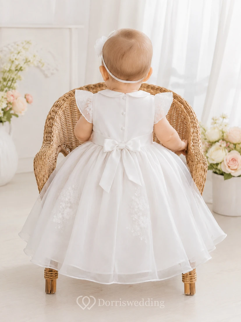 Baptism Dress A-Line Organza Tulle Jewel Neck Short Sleeve Bow Back view 2