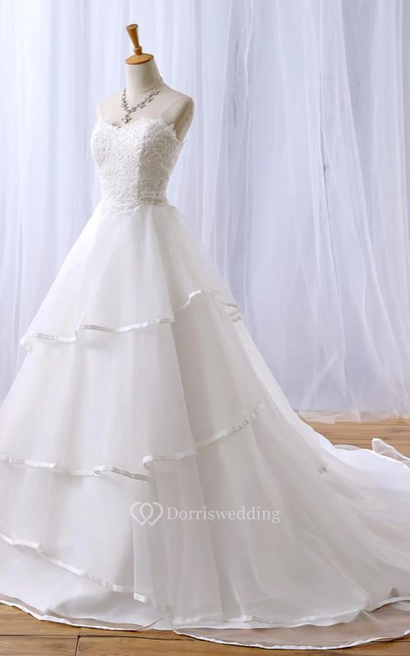 A-Line Long Sweetheart Appliques Chapel Train Zipper Lace-Up Back Tulle Lace Dress view 4