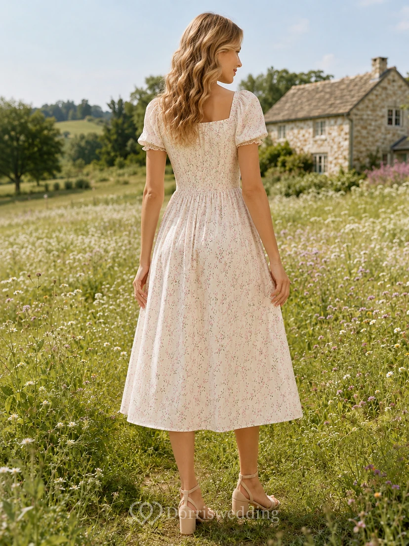 Cottagecore Floral Square Neck Puff Sleeve Midi Dress view 2
