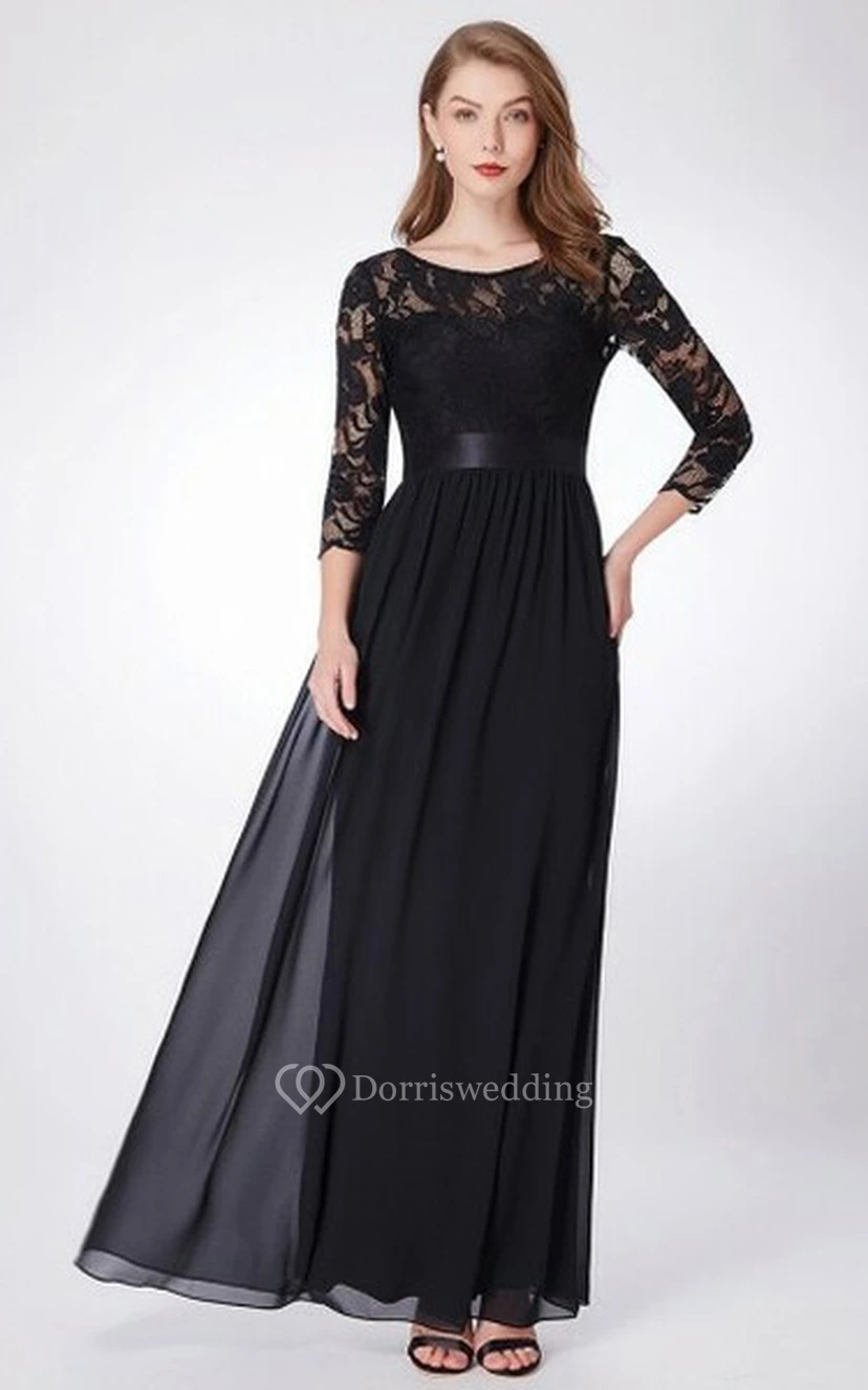 Romantisches, bodenlanges Chiffon-Kleid in A-Linie mit Dreiviertelärmeln und Raffungen für die Mutter der Braut