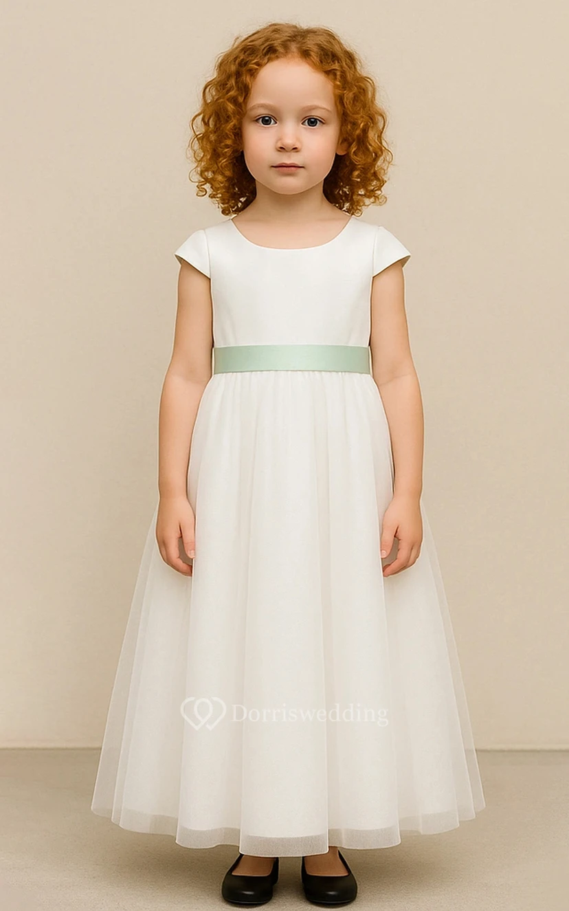 Scoop-neck Cap White Ankle-length Flowergirl Dress