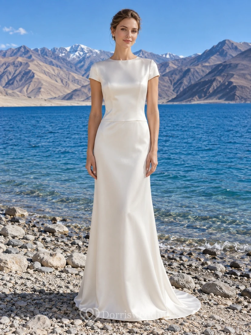 Schlichtes, bodenlanges Brautkleid aus Satin mit kurzem Ärmel und U-Boot-Ausschnitt
