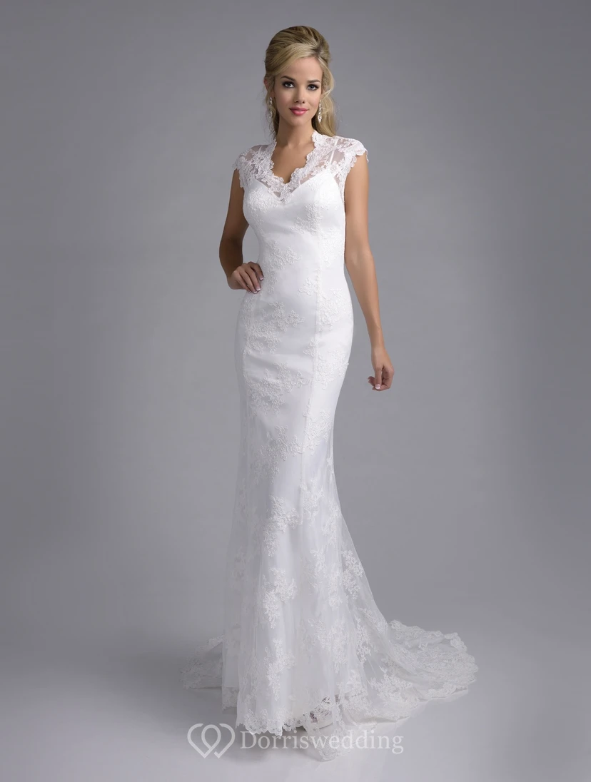 Cap Sleeve Sheath Lace Wedding Dress With Scalloped-Edge Neckline And Keyhole Back