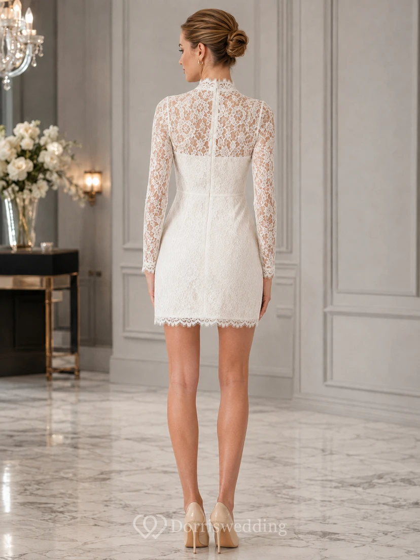 Robe de mariée courte à col montant modeste, en dentelle illusion et manches longues, style mini. view 2