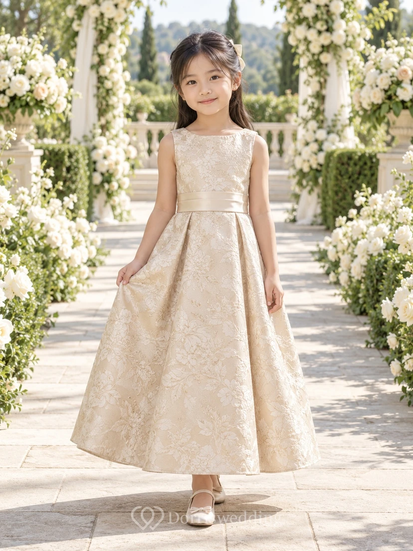 Champagne Floral-textured A-line Sleeveless Ankle-length Pleated-skirt Sashed Round-Neck Flower Girl Dress