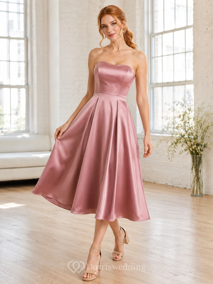 Robe midi romantique en satin rose poudré sans bretelles, coupe trapèze, longueur thé