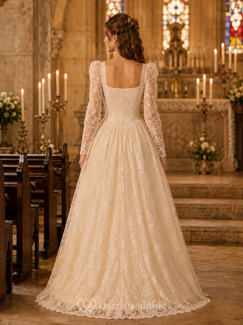 Champagne Square Neck Lace Sleeve A-Line Chapel Bridal Gown view 2