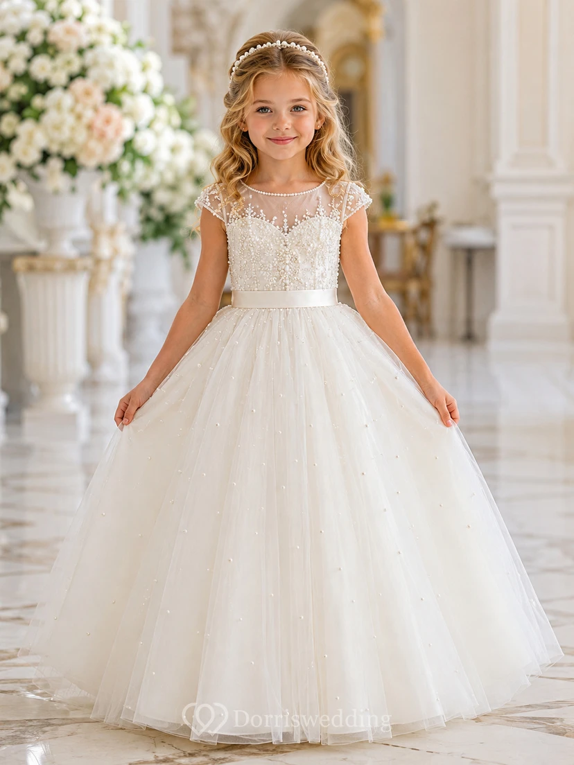 A-Line Flowergirl Pearl Beaded Tulle Floor-Length Cap Sleeve Luxury Wedding Gown with Floral Bodice