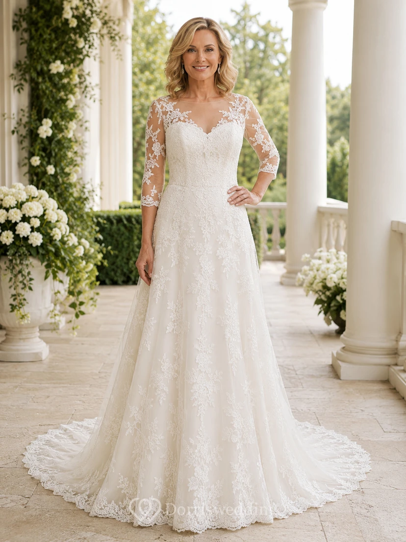 Lace Wedding Dress Mermaid V-Neck Long Sleeve Chapel Train Bridal Gown