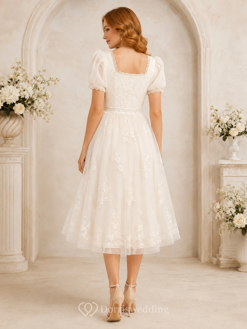 Romantisches, eckiges Spitzenkleid mit Puffärmeln, A-Linie und Teelänge für standesamtliche Trauungen view 2