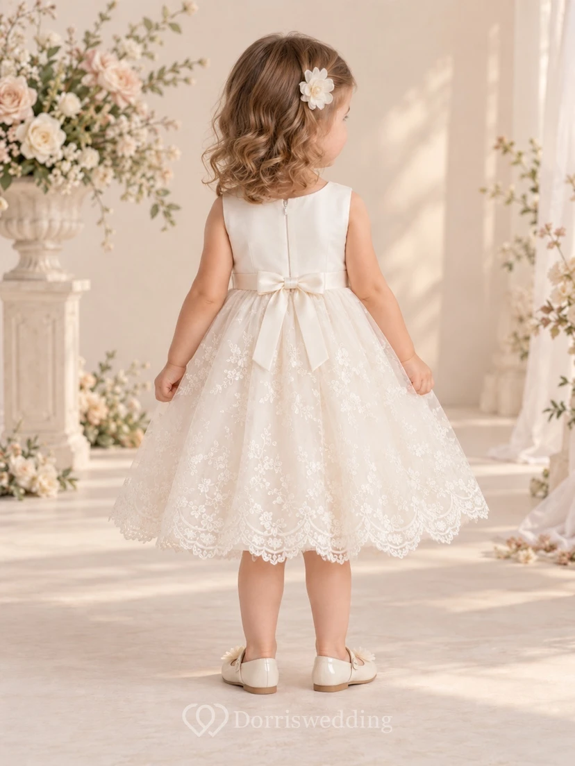 Teelanges, elfenbeinfarbenes, geblümtes Sommerkleid in A-Linie mit Spitze, ärmellos, mit Muschelsaum und Spitze view 2