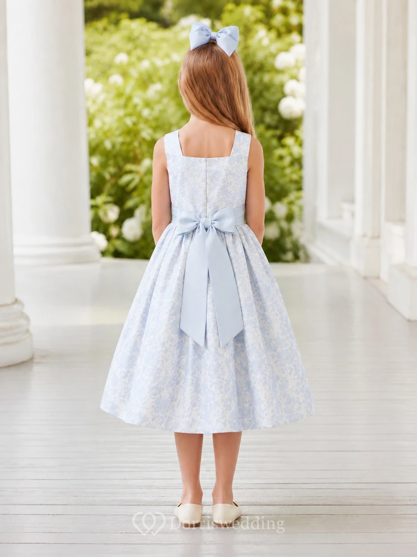 Puff Sleeve Tulle A-Line Flower Girl Dress with Jewel Neck, Tea-Length Skirt and Bow Detail view 2