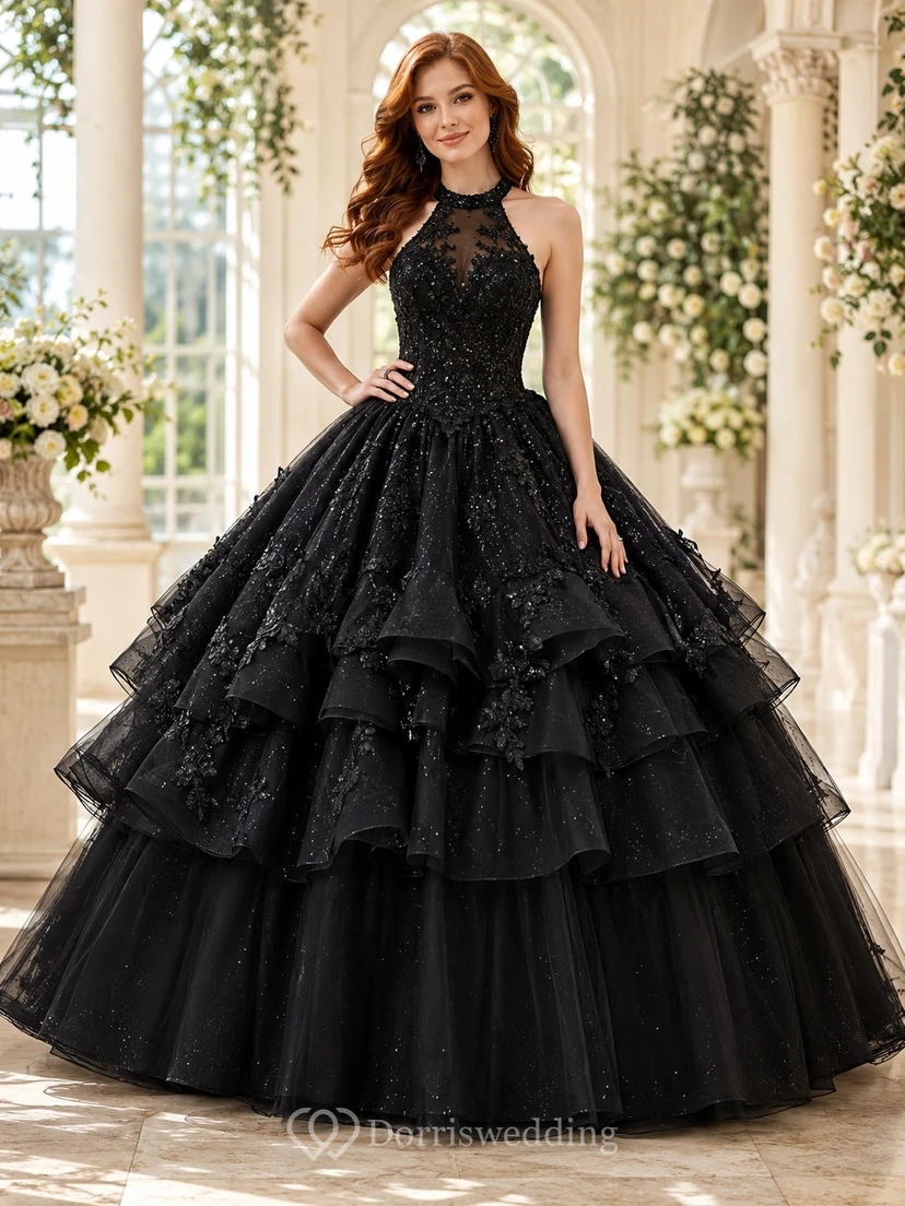 Black Quinceanera Tiered Ball Gown Halter Lace Sleeveless Floor-length Romantic Dress
