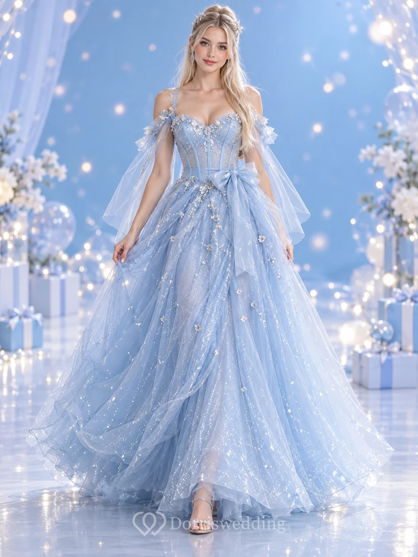 Vestido de cumpleaños azul cielo de ensueño con mangas drapeadas de tul floral y escote corazón