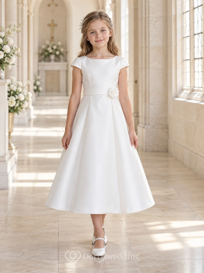 Simple White Tea-length Bateau Cap Sleeve Floral Waist Satin Communion Dress