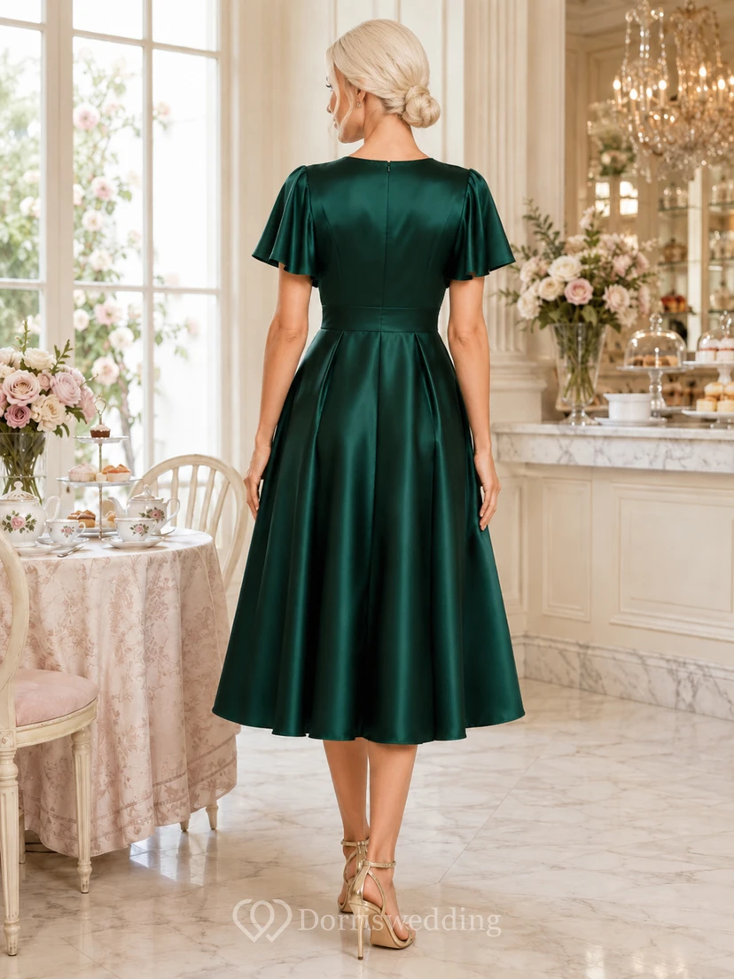 Emerald Parlour Dark Green A-Line Tea-Length V-Neck Short-Sleeve Satin Elegant Guest Dress view 2
