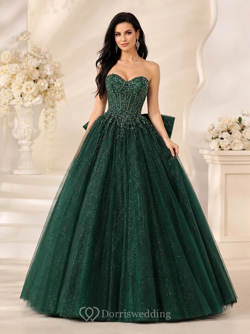 Vestido de fiesta largo hasta el suelo, sin tirantes, de tul brillante, color verde oscuro, estilo princesa.