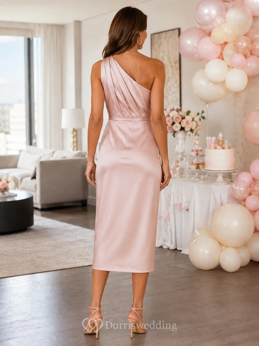 Blush One Shoulder Draped Satin Midi Sheath Dress view 2
