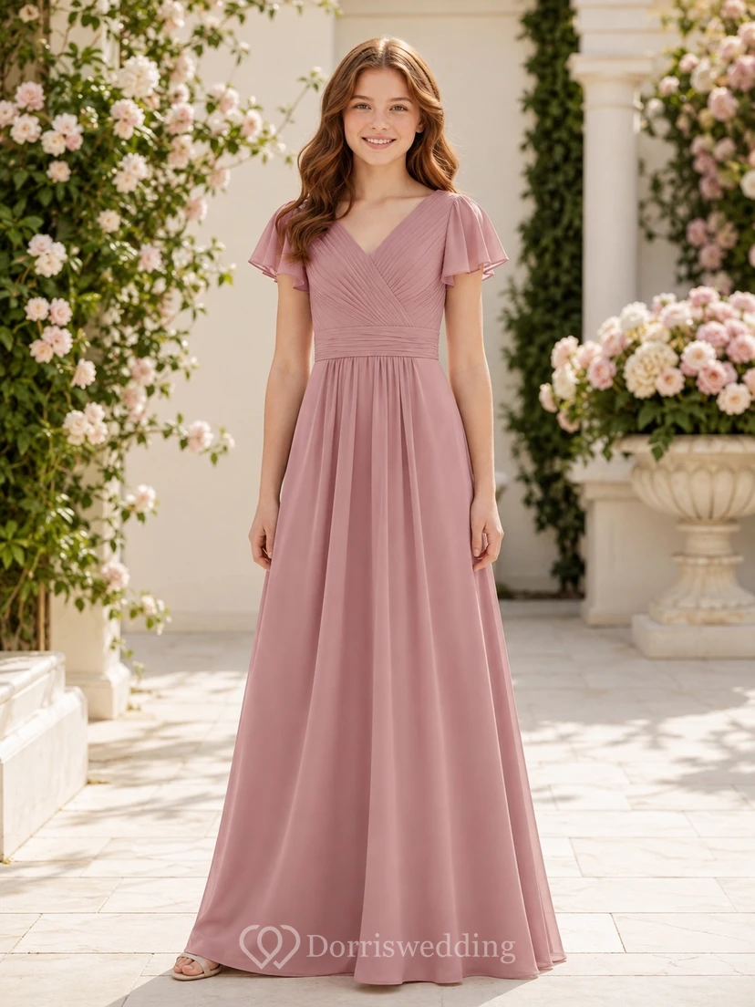 Brautjungfernkleid in Altrosa, A-Linie, V-Ausschnitt, kurze Blütenblattärmel, Chiffon, schlicht