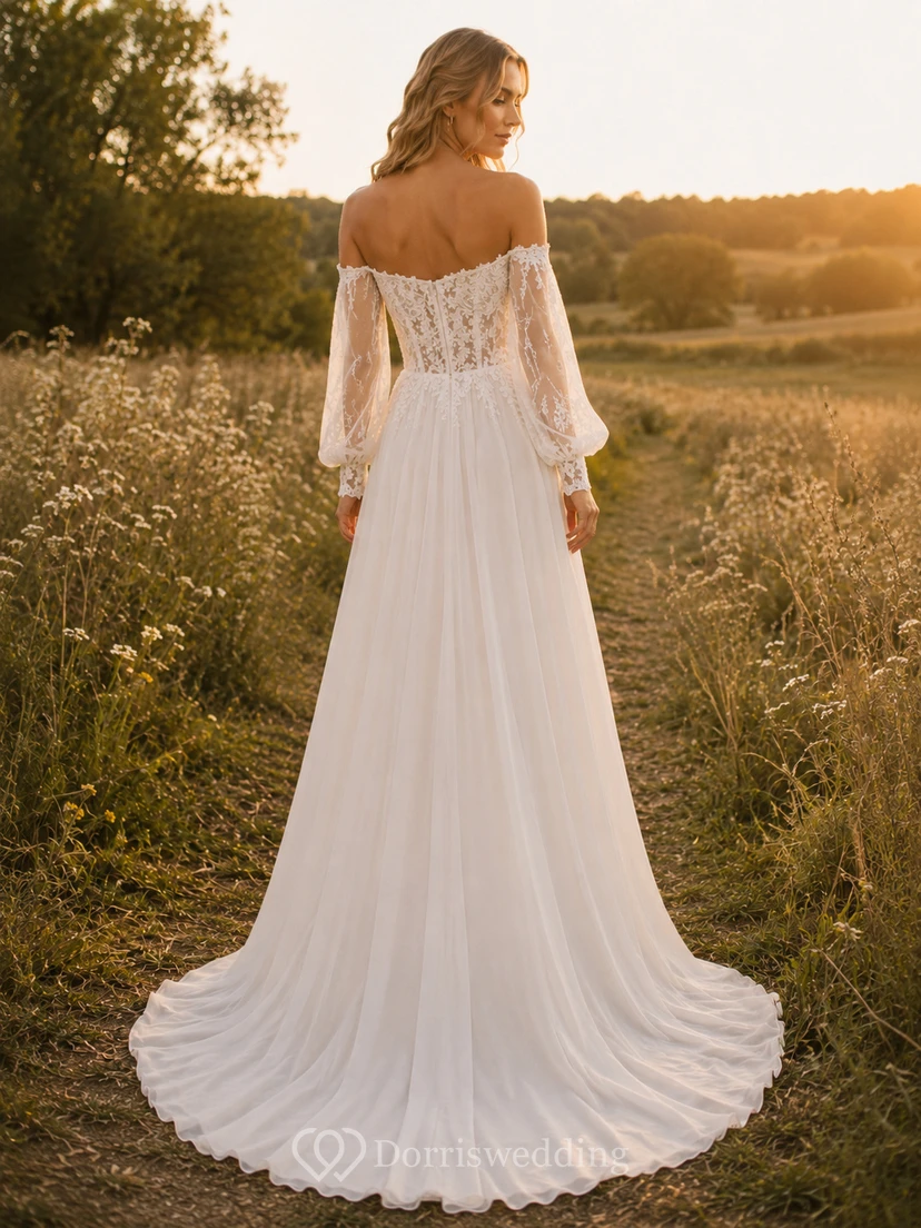 Boho Off Shoulder Lace Bishop Sleeve A-Line Wedding Dress view 2