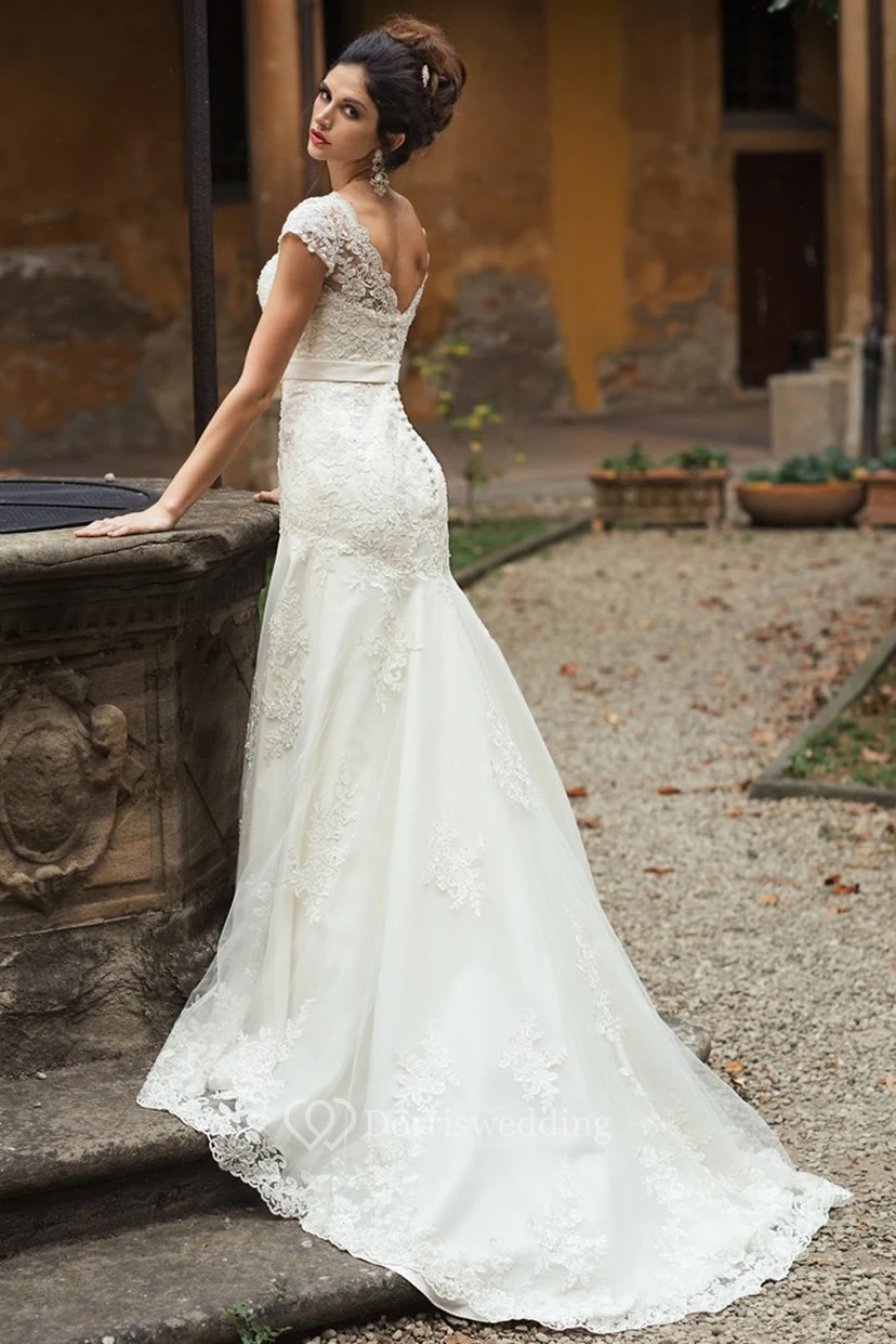 V-Neck Appliqued Maxi Cap-Sleeve Lace Wedding Dress With Sash view 2