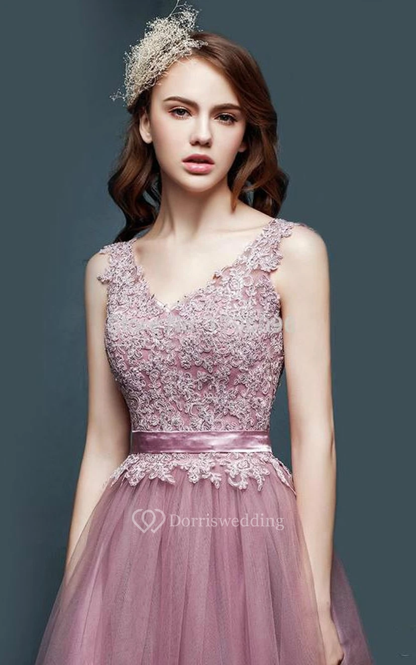 A-line V-neck Sleeveless Appliques Flower Tulle Dress view 3
