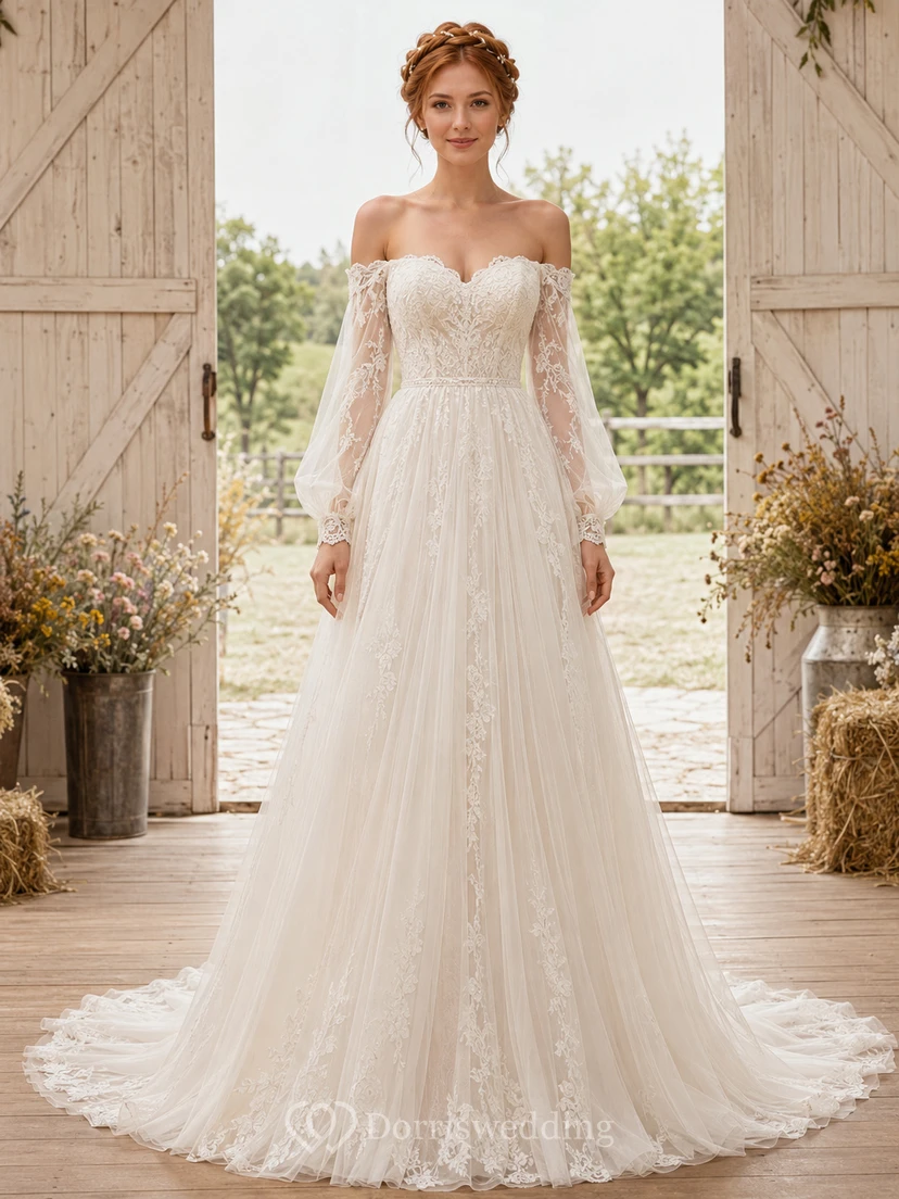 Vestido de novia bohemio de corte capilla con mangas largas abullonadas de encaje y hombros descubiertos