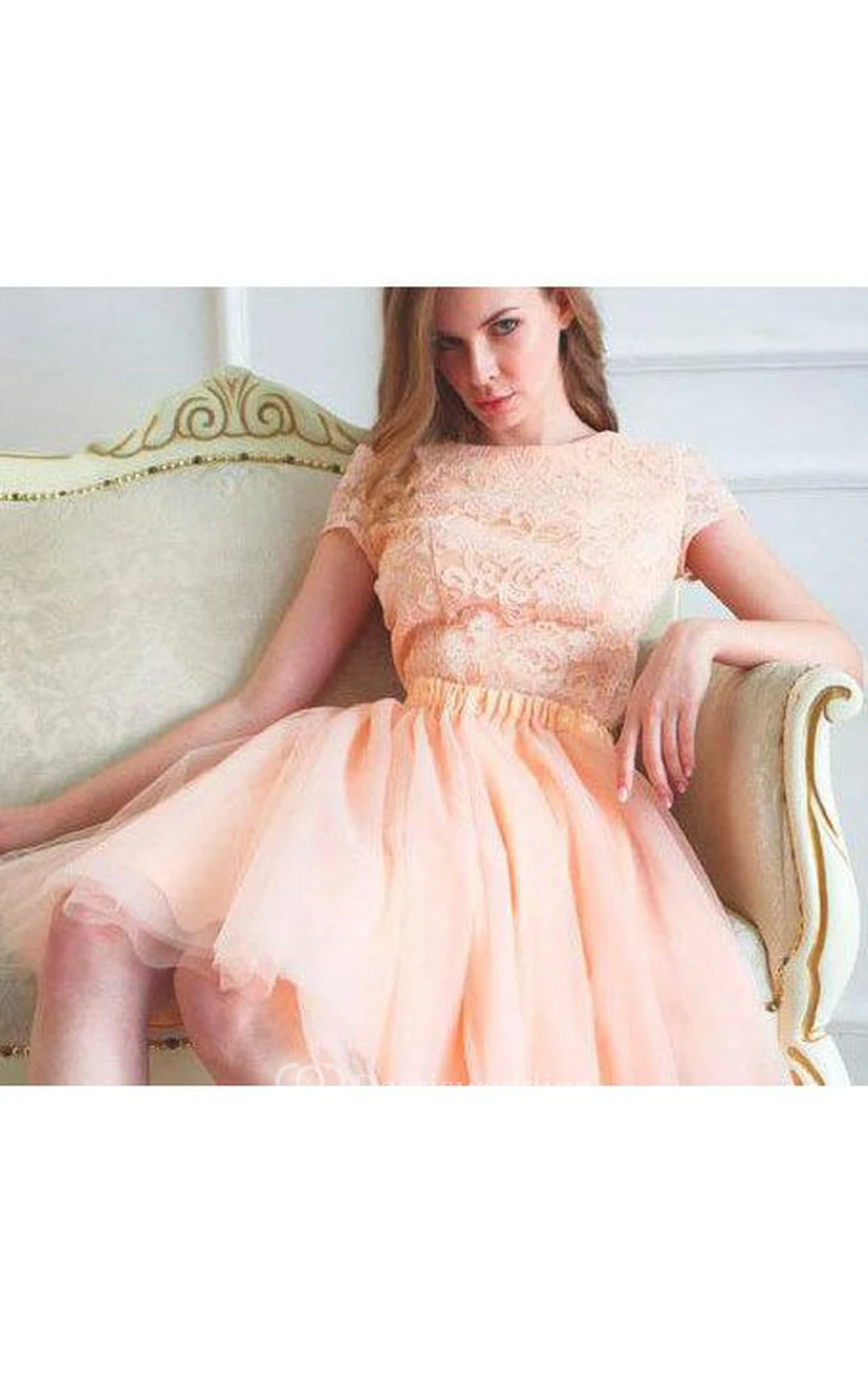Bateau Cap Sleeve V Back A-line Tulle Short Dress With Lace Top view 3