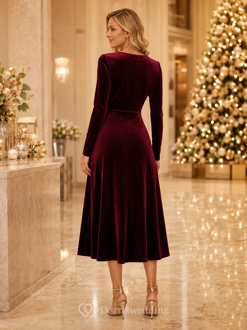 Burgunderfarbenes, langärmeliges, drapiertes Samtkleid in A-Linie und Teelänge für festliche Anlässe mit V-Ausschnitt view 2
