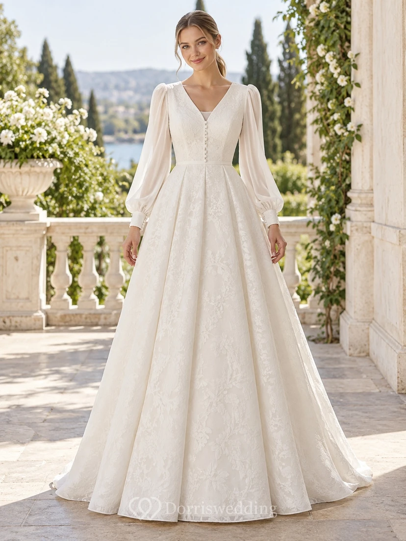 Long Poet Sleeve V-neck Button Lace A-Line Wedding Dress