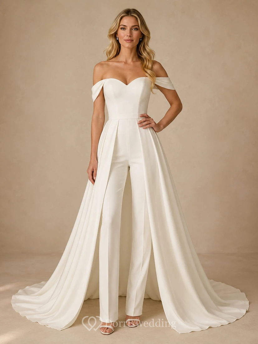 Minimalist Satin Wedding Jumpsuit Off Shoulder Sweep Train