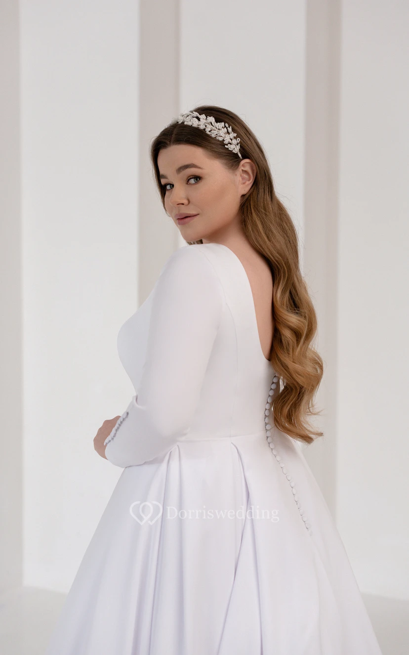 Simple Long Sleeve Satin Crepe Winter Ball Gown Wedding Dress view 9