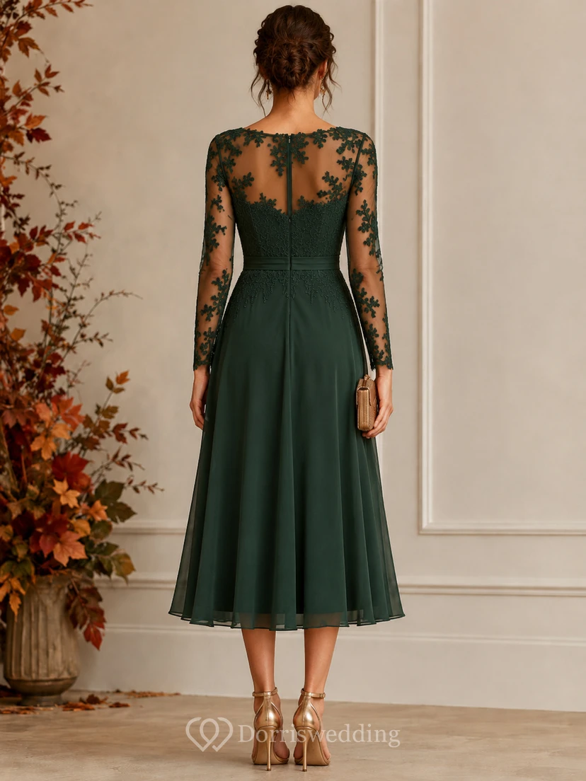 Dark Green Illusion Autumn Long Sleeve Tea-Length Formal Dress view 2