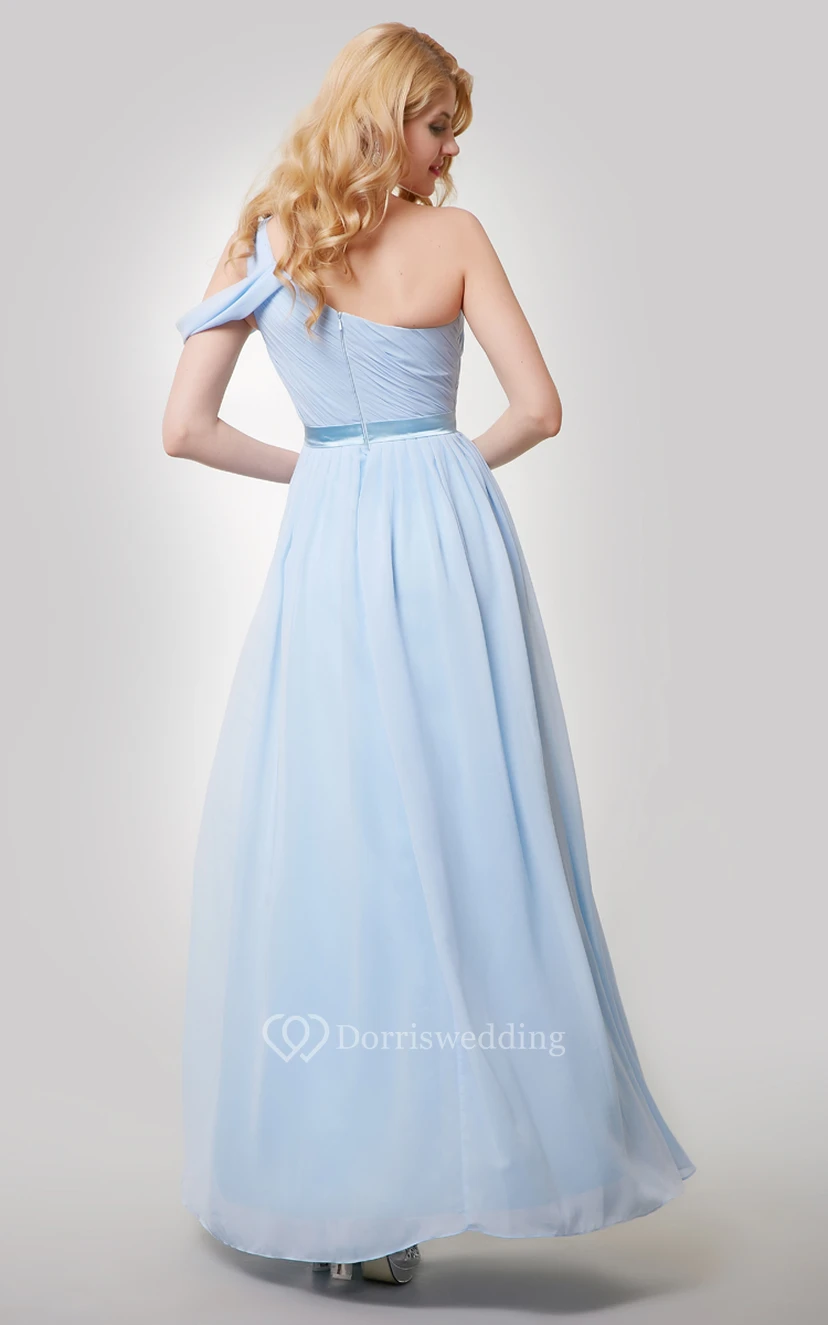 One-Shoulder Ruched Floor Length A-Line Chiffon Dress With Satin Sash view 2