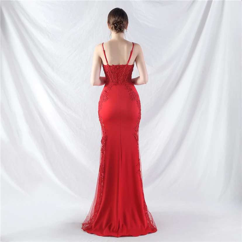 Spitzen-Abendkleid mit heißer Diamant- und Fischgrätenmuster-Weste, tiefem Taillenausschnitt, schulterfreiem Design und kurzer Schleppe view 42