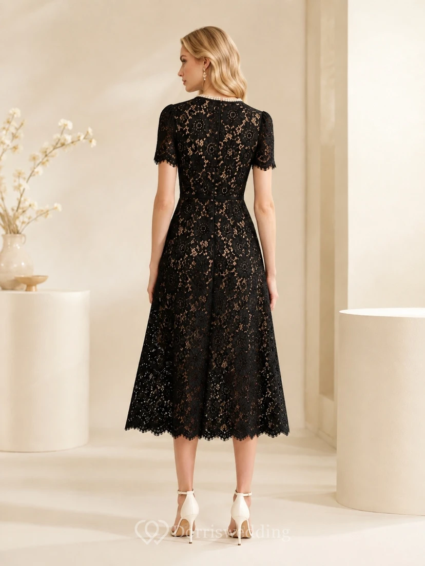 Schwarzes, elegantes Vintage-Cocktailkleid mit kurzen Ärmeln, A-Linie und Spitzenkappen, Teelänge view 2