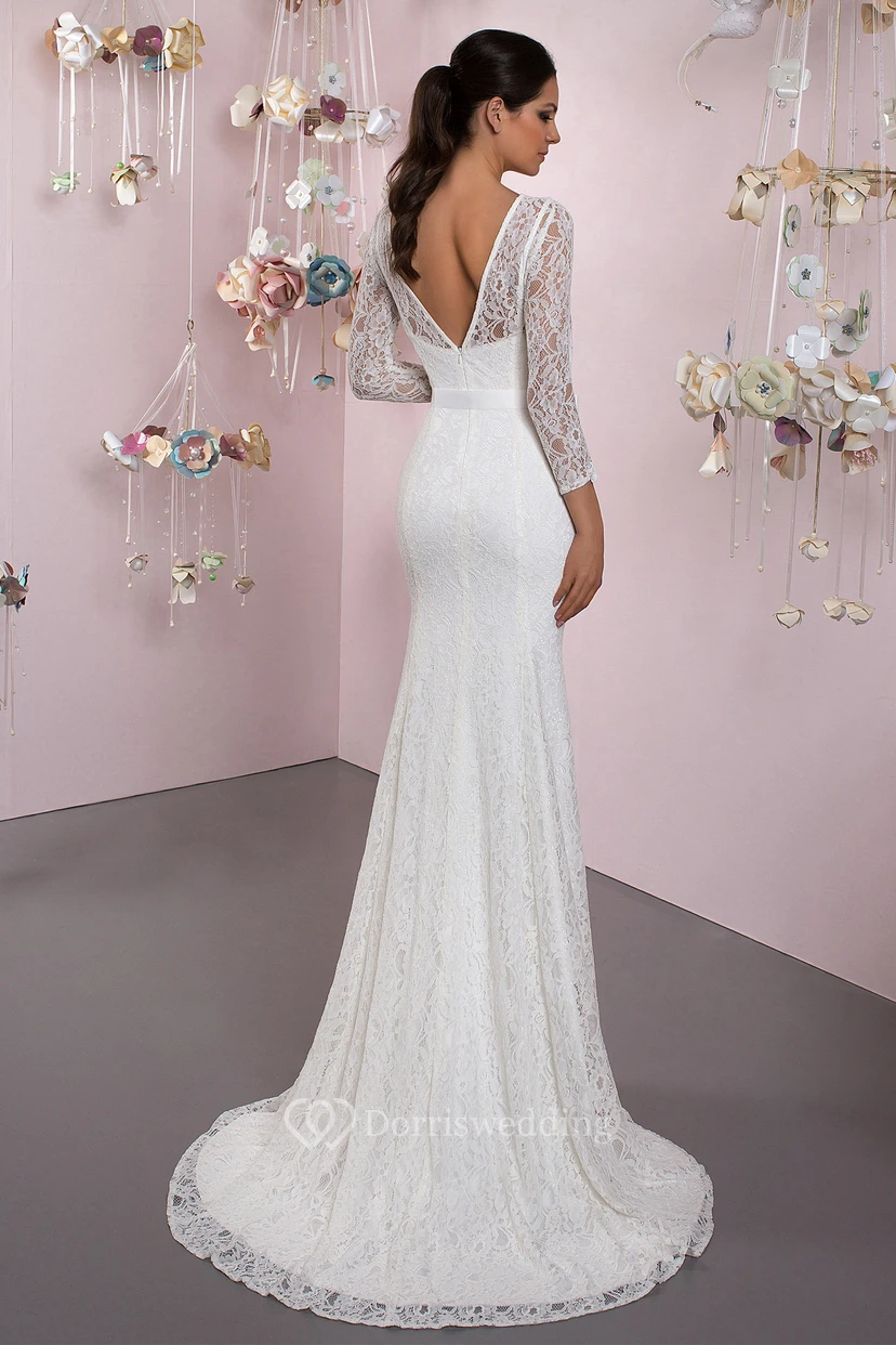 Sheath 3-4 Sleeve Bowed Scoop Neck Lace Wedding Dress With Brush Train view 2