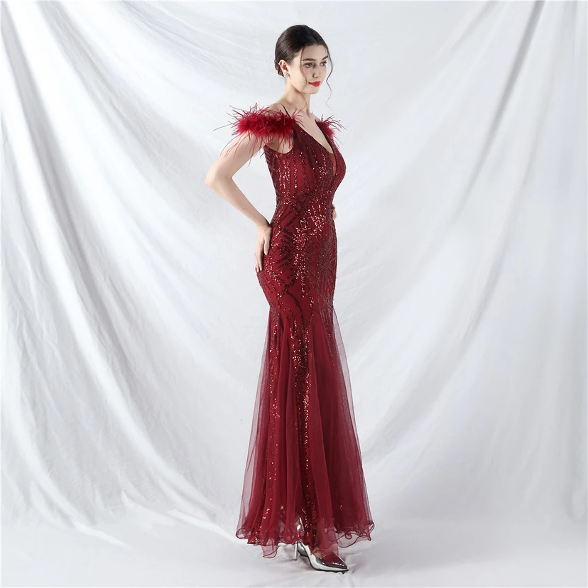 9-farbiges, handgefertigtes Abendkleid aus Kamelfedern, Netzstoff und Pailletten, sexy Trägern view 64